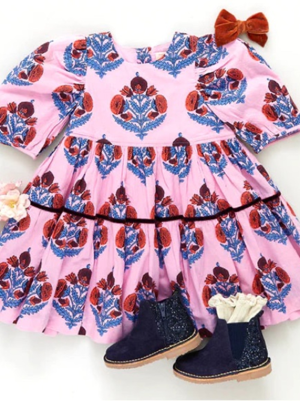 Pink Chicken Girls Pink Floral Ruffle Dress with Velvet Trim